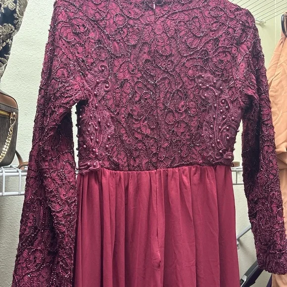 Modest burgundy long sleeve maxi dress with lace top & train with zipper… - Picture 7 of 8